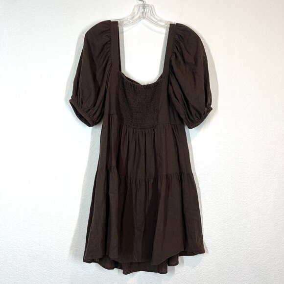 Brown Babydoll Linen Dress Mini Peasant Medium - Picture 4 of 11